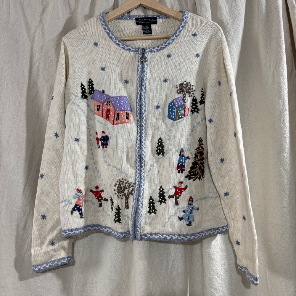 Vintage Winter Village Hand Embroidered Zip Cardigan Sweater L Ugly Christmas